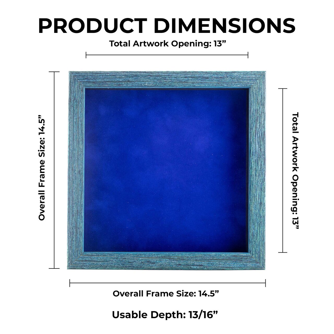 Rustic Blue Wood Shadow Box Frame with Acrylic Front - Royal Blue Suede Backing, 30 Sizes